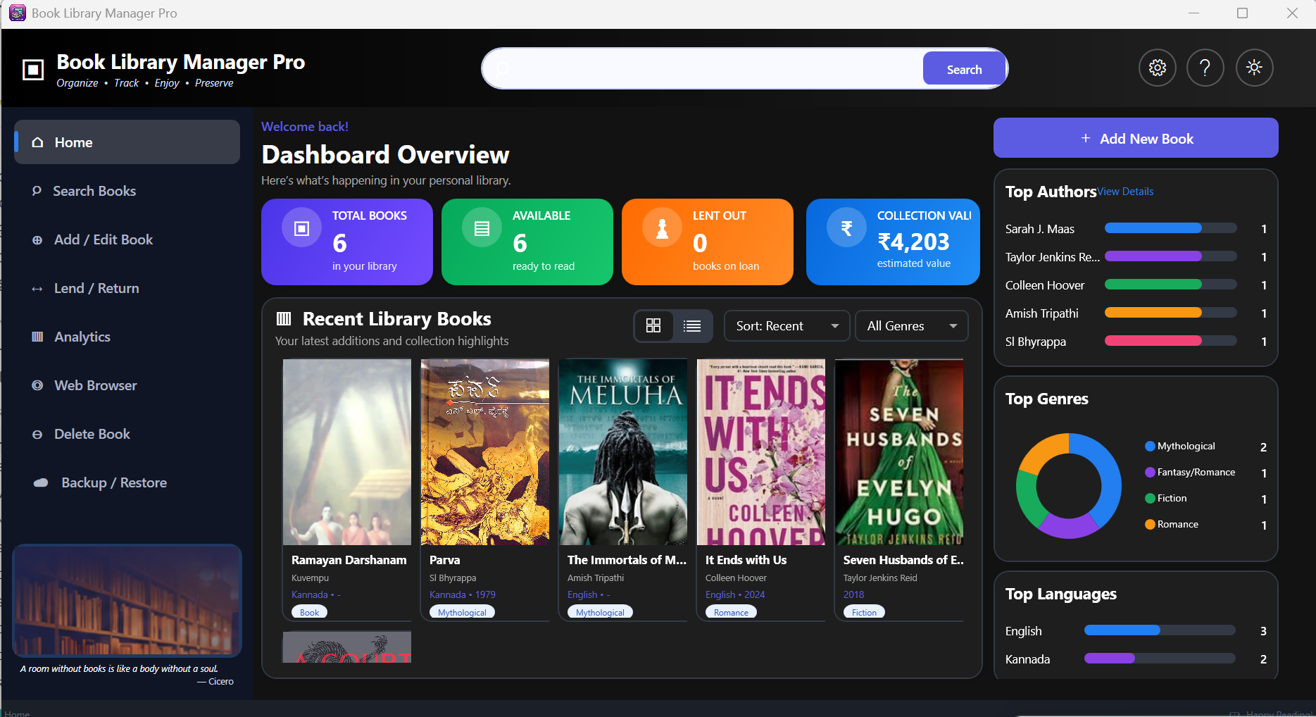 Book Library Manager Pro Dashboard showing Recent Library Books, Analytics, and Collection Valuation